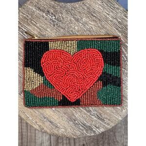 Beaded Coin Purse Camo Red Heart Wallet Travel Pouch Womens Accessories
